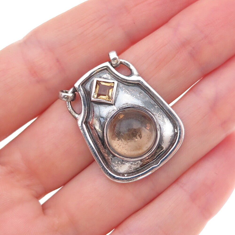 Bocco 925 Sterling Vintage Real Smoky Quartz & Citrine Modernist Slide Pendant